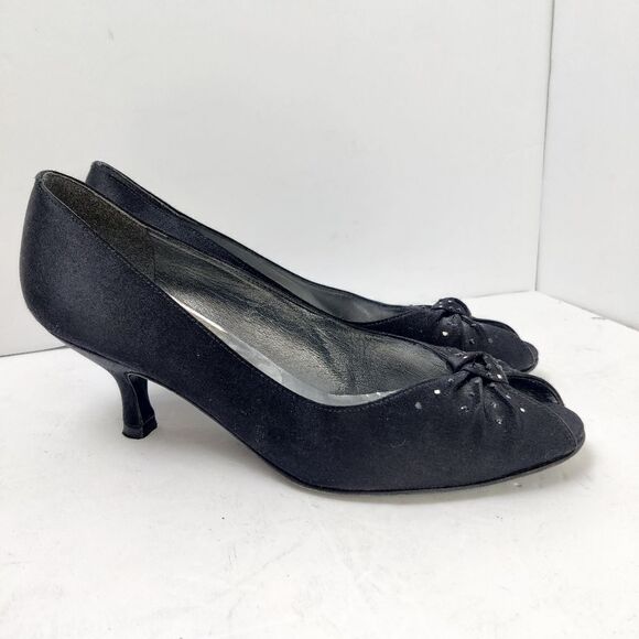 Stuart weitzman Peep Toe 2" Heel Black Satin Gathered Bow Sparkle Stars Sz 6.5 M - Picture 4 of 16